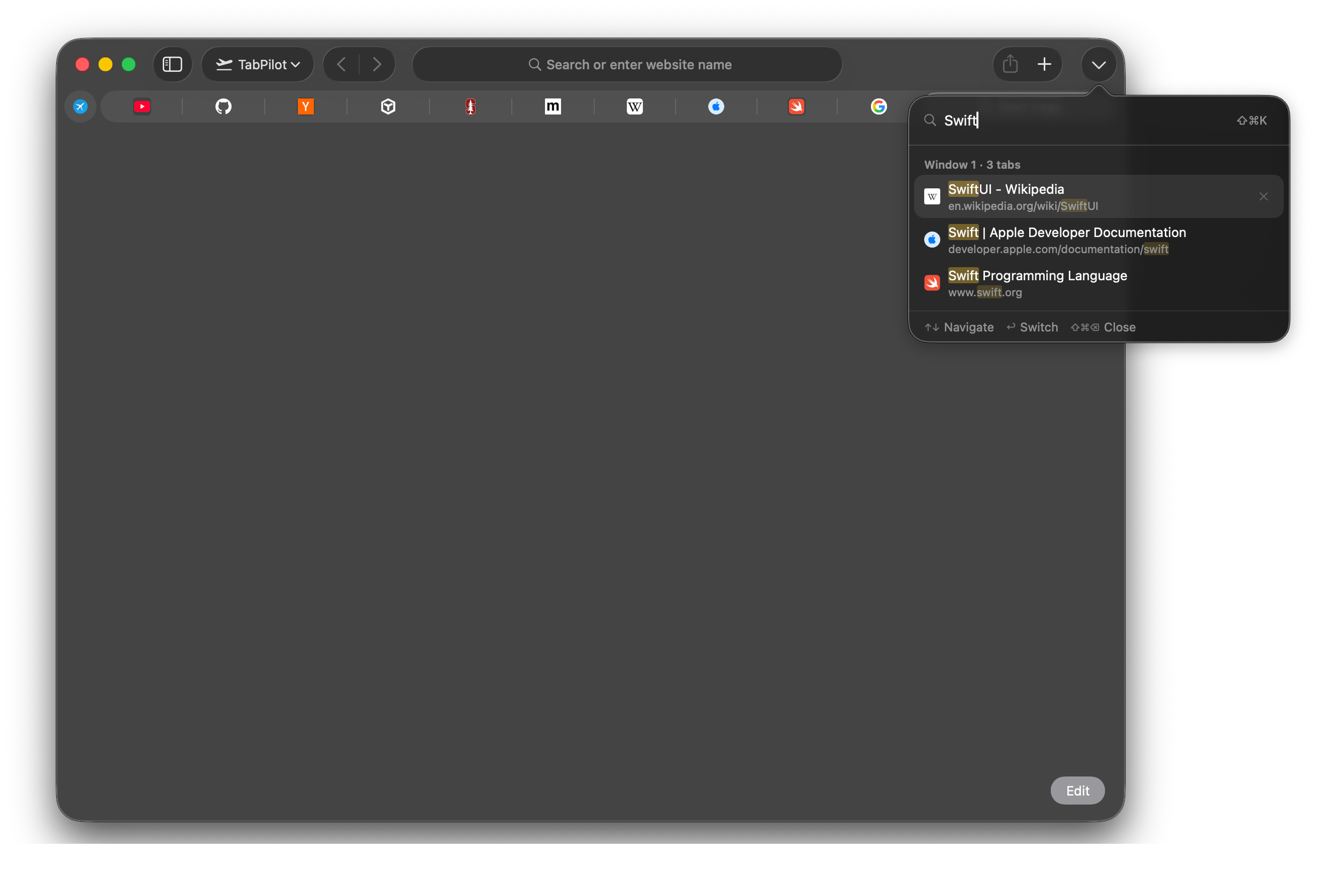 Two Safari windows, with TabPilot filtering tabs from both