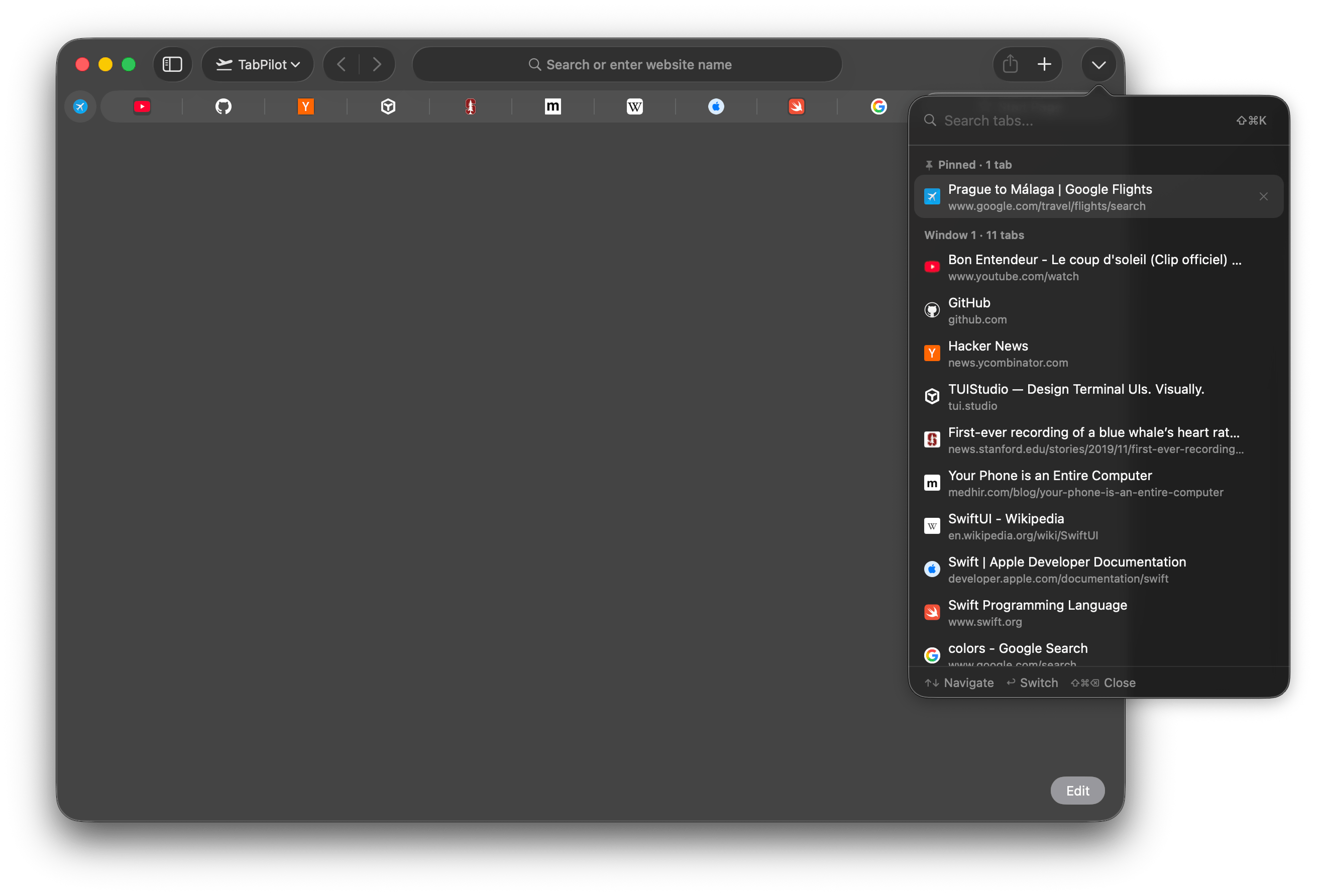 TabPilot's search palette over Safari, filtering open tabs as you type